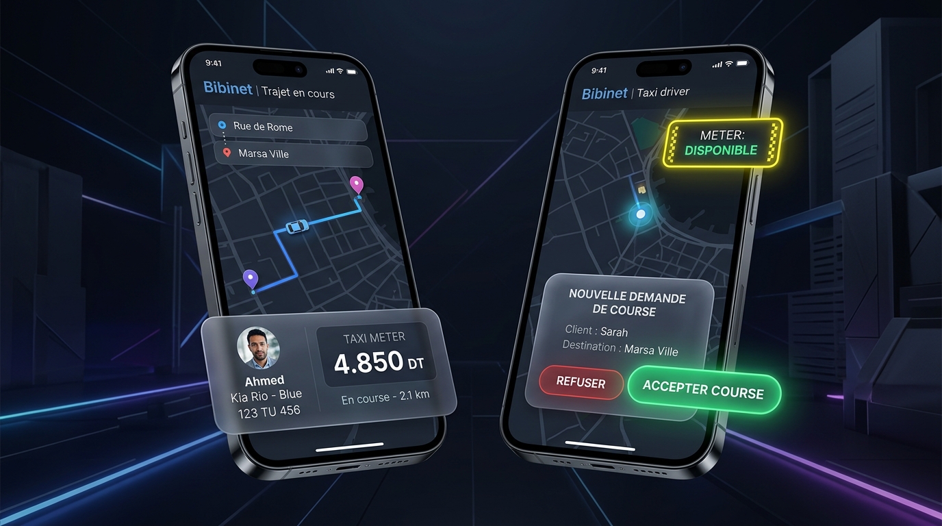 Aperçu des deux applications Bibinet Taxi Client et Chauffeur