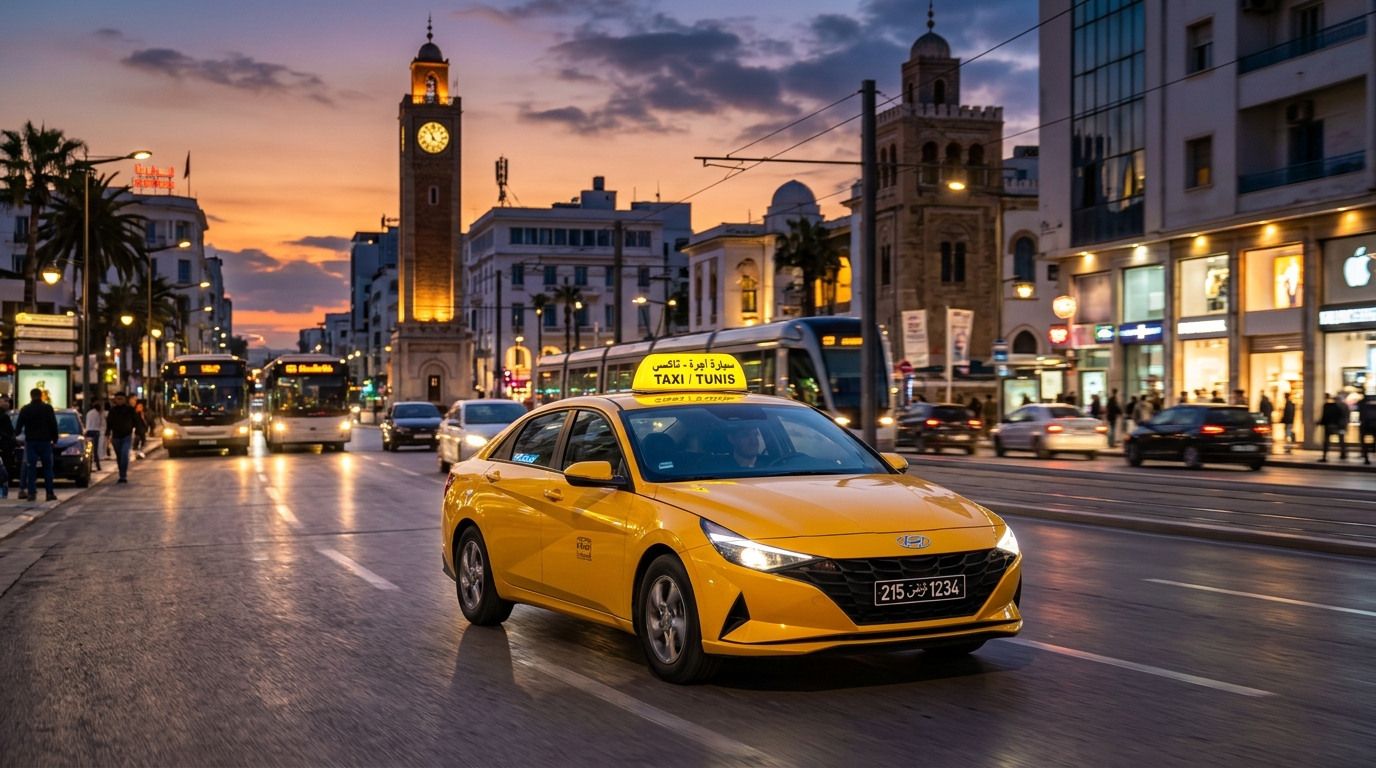 Taxi officiel jaune Bibinet à Tunis avec lanterne allumée